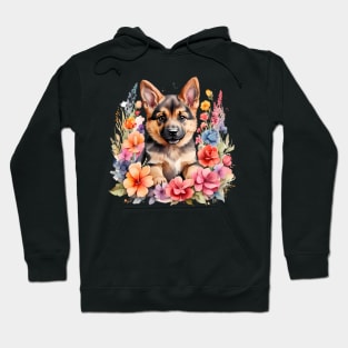 A baby german shepherd decorated with beautiful watercolor flowers Hoodie